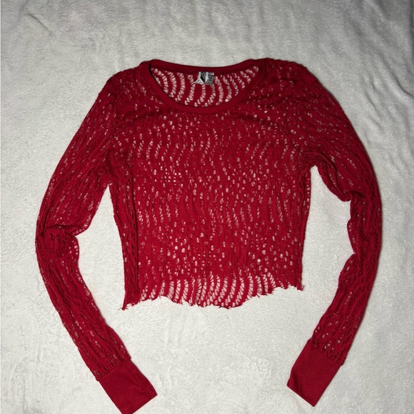 Y2K Grunge Red mesh sheer long sleeve crop top ⭐️ - Picture 2 of 4